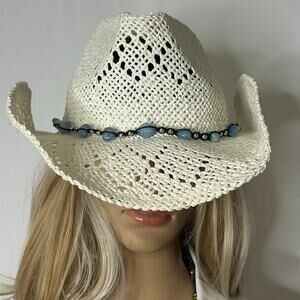 Women’s White Woven Straw Cowboy Hat Blue Beaded Western Cowgirl 22